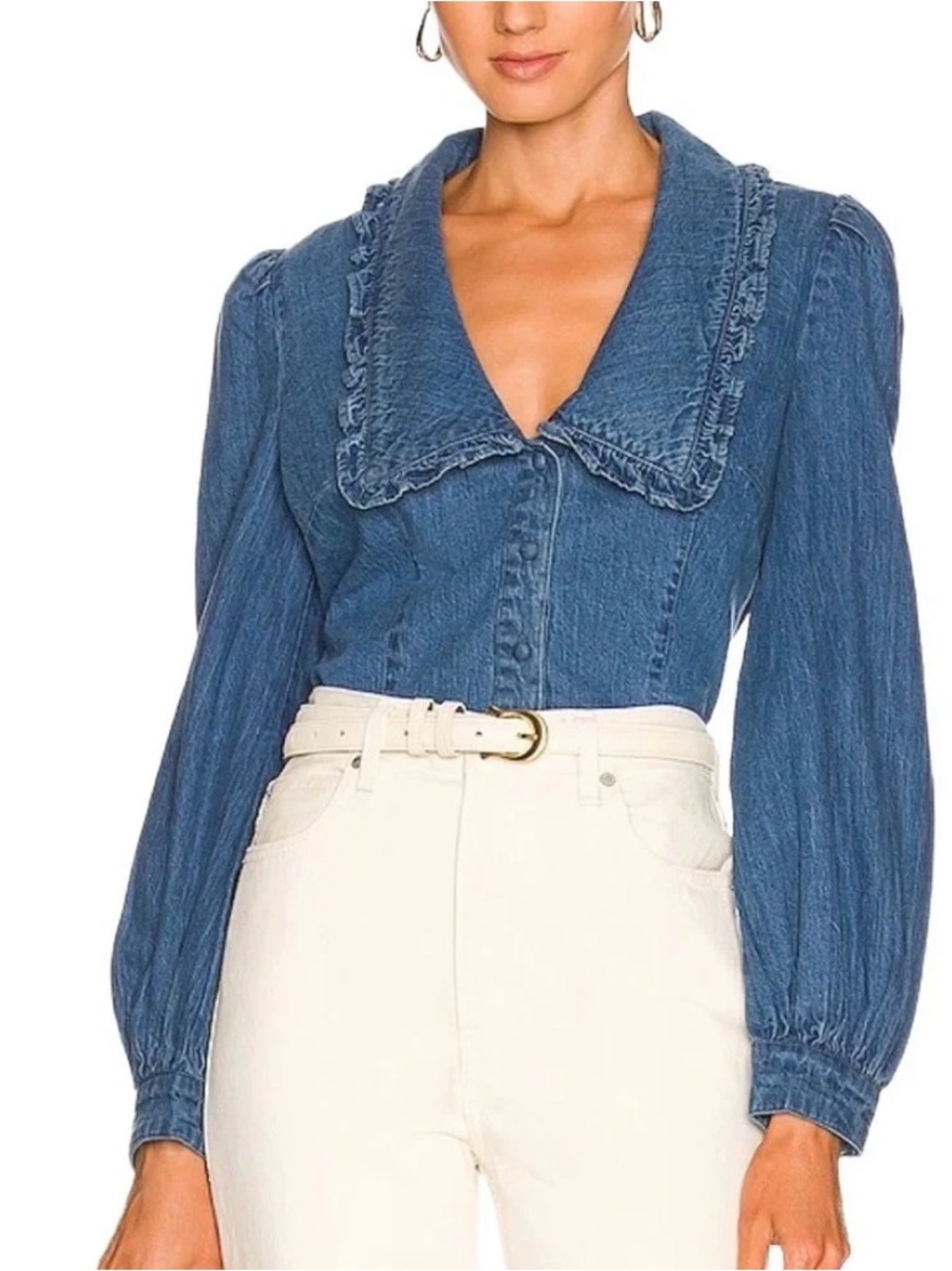 Bardot Denim Ruffle Collar Button-Down Blouse - Blue